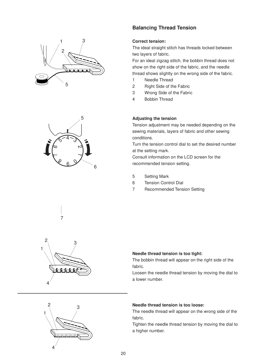 Janome 6500 manual Balancing Thread Tension, Correct tension, Adjusting the tension, Needle thread tension is too tight 