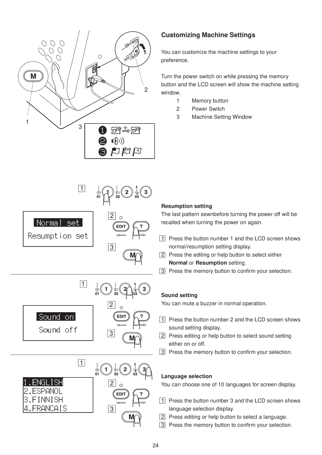 Janome 6500 manual Customizing Machine Settings, Resumption setting, Sound setting, Language selection 