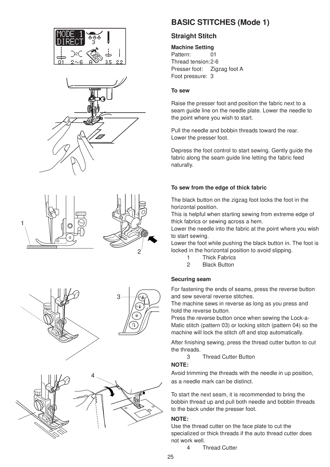 Janome 6500 manual Straight Stitch, Machine Setting, To sew from the edge of thick fabric, Securing seam 