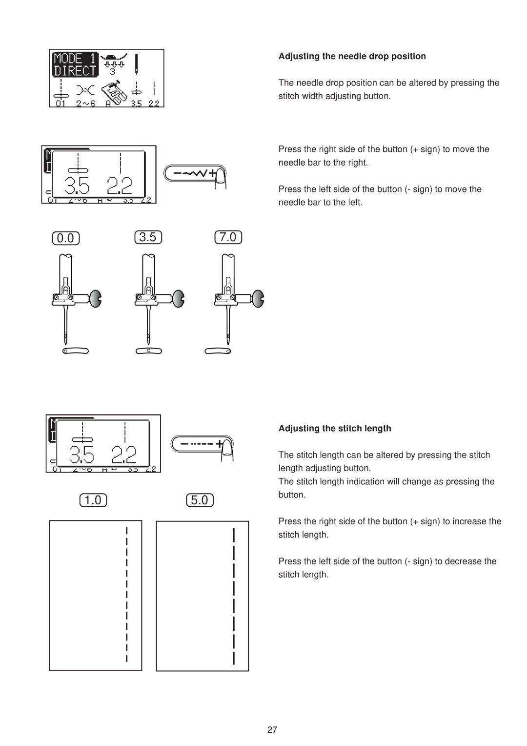 Janome 6500 manual Adjusting the needle drop position, Adjusting the stitch length 