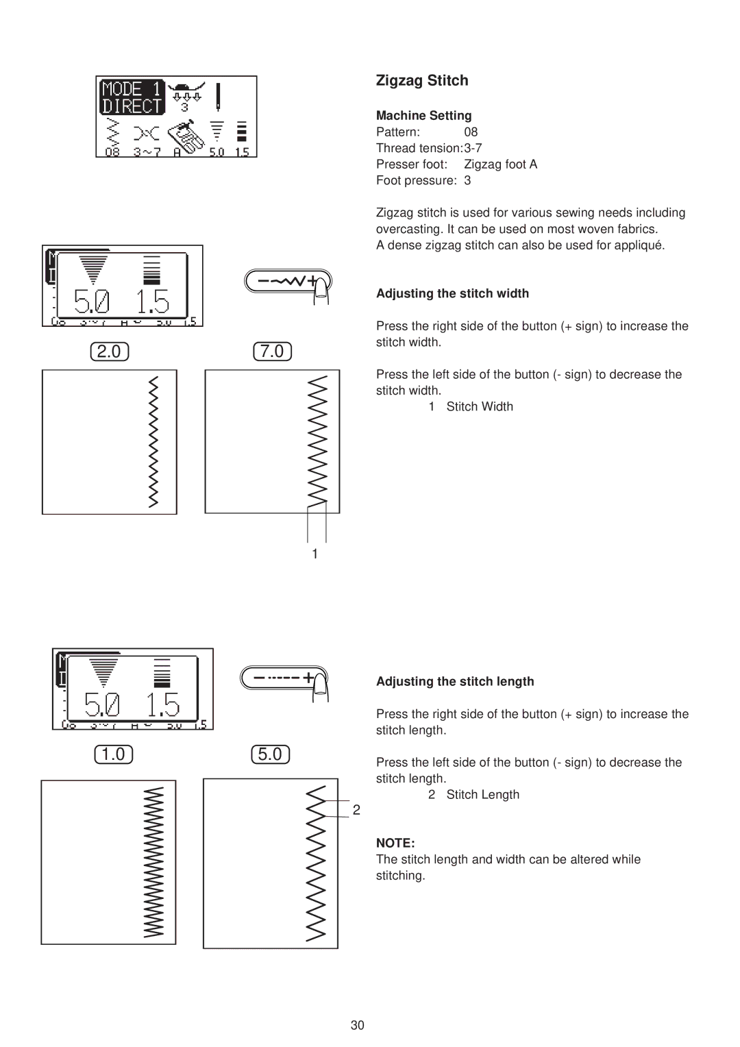 Janome 6500 manual Zigzag Stitch, Adjusting the stitch width 