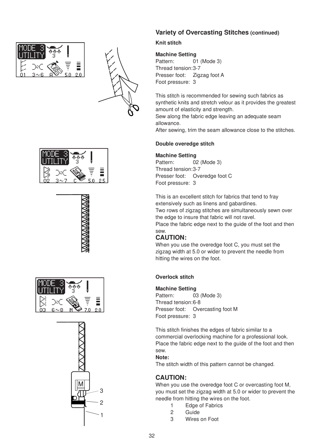 Janome 6500 manual Variety of Overcasting Stitches, Knit stitch Machine Setting, Double overedge stitch Machine Setting 