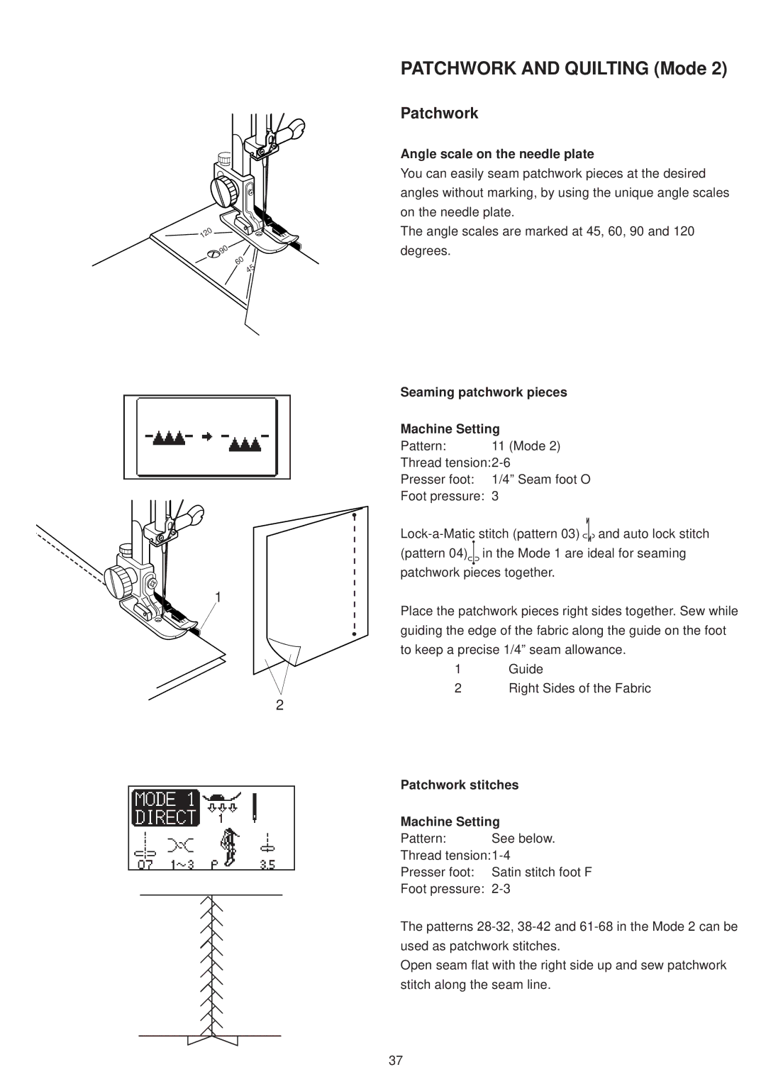 Janome 6500 manual Patchwork, Angle scale on the needle plate, Seaming patchwork pieces Machine Setting 