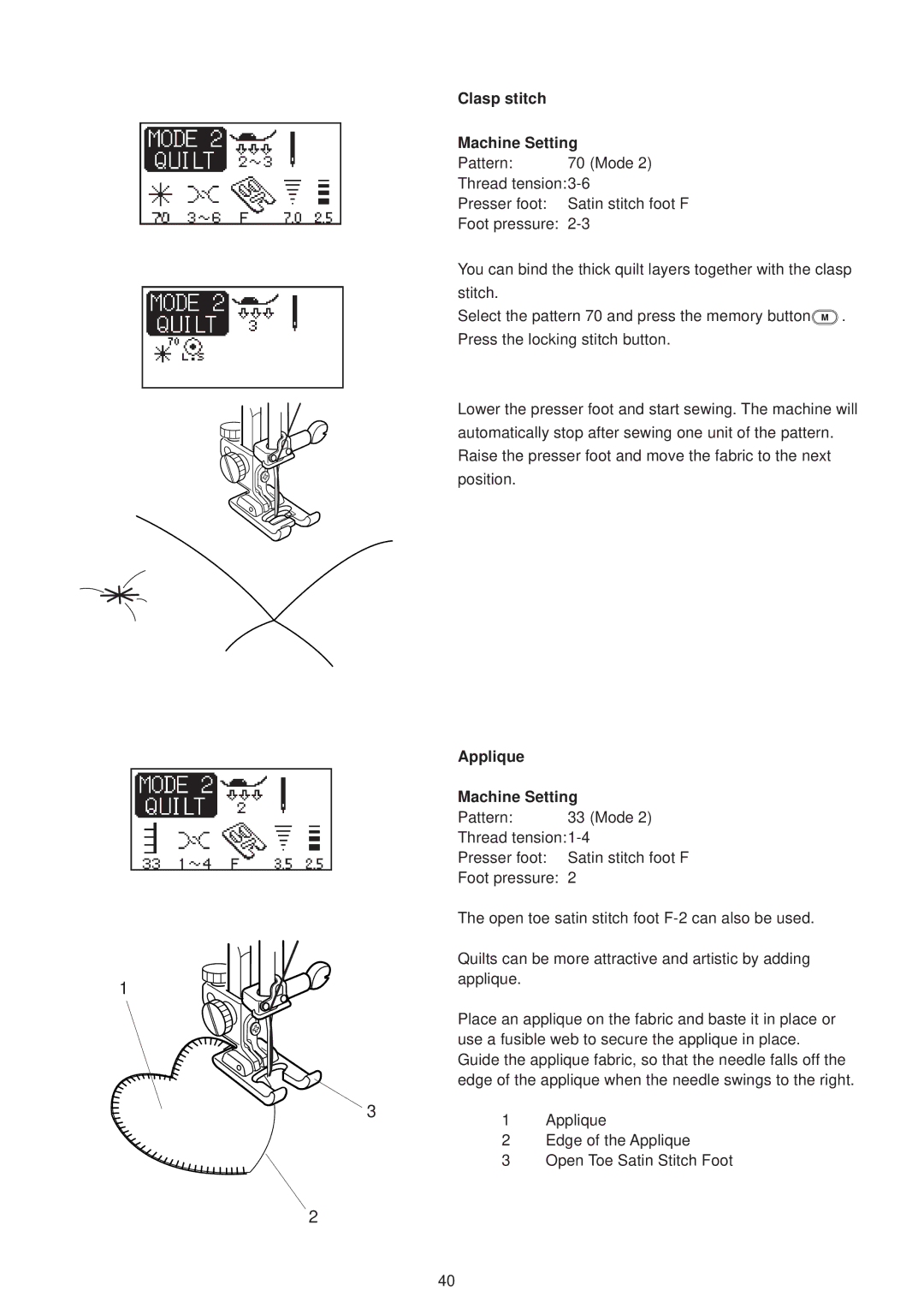 Janome 6500 manual Clasp stitch Machine Setting, Applique Machine Setting 