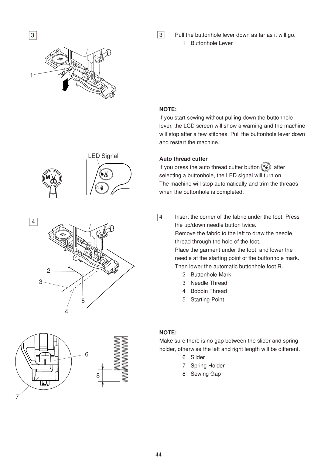 Janome 6500 manual LED Signal, Auto thread cutter 