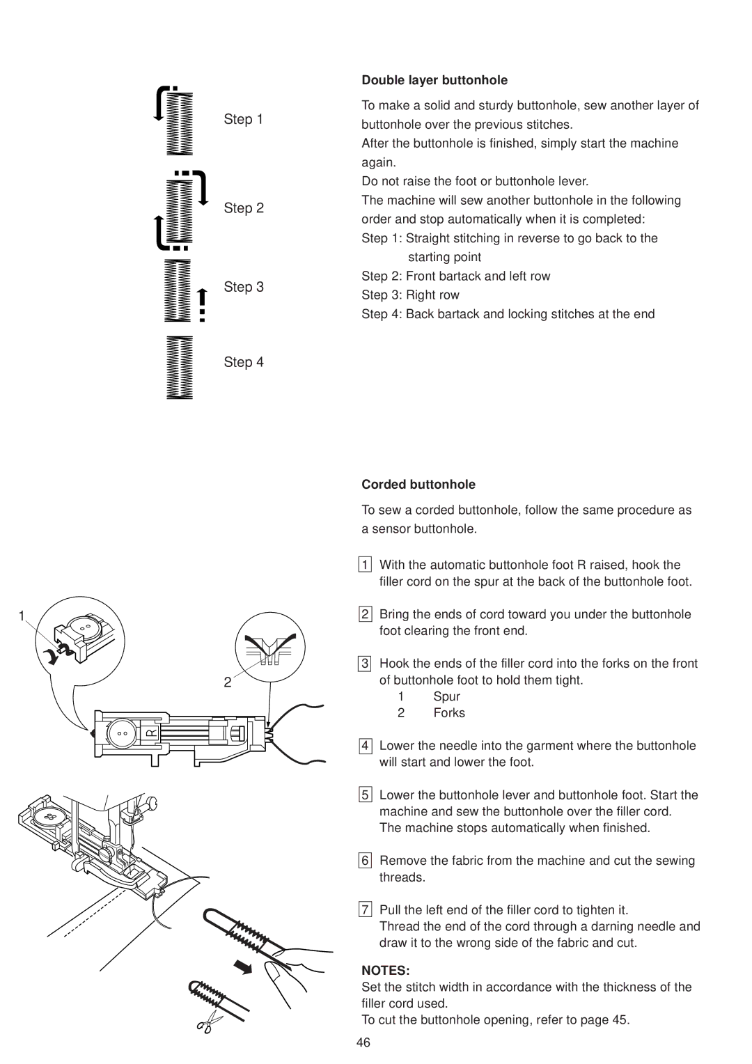 Janome 6500 manual Double layer buttonhole, Corded buttonhole 