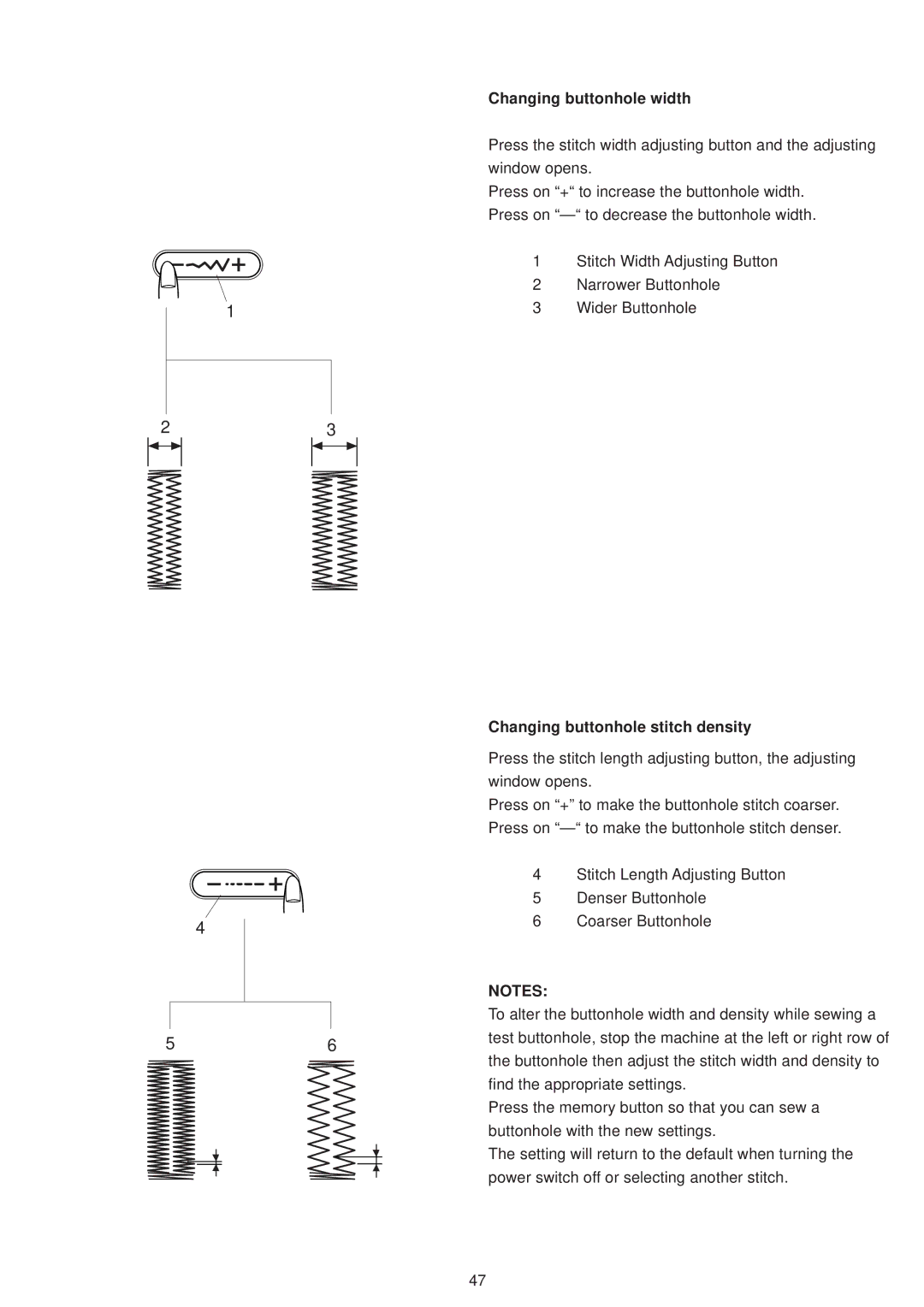 Janome 6500 manual Changing buttonhole width, Changing buttonhole stitch density 