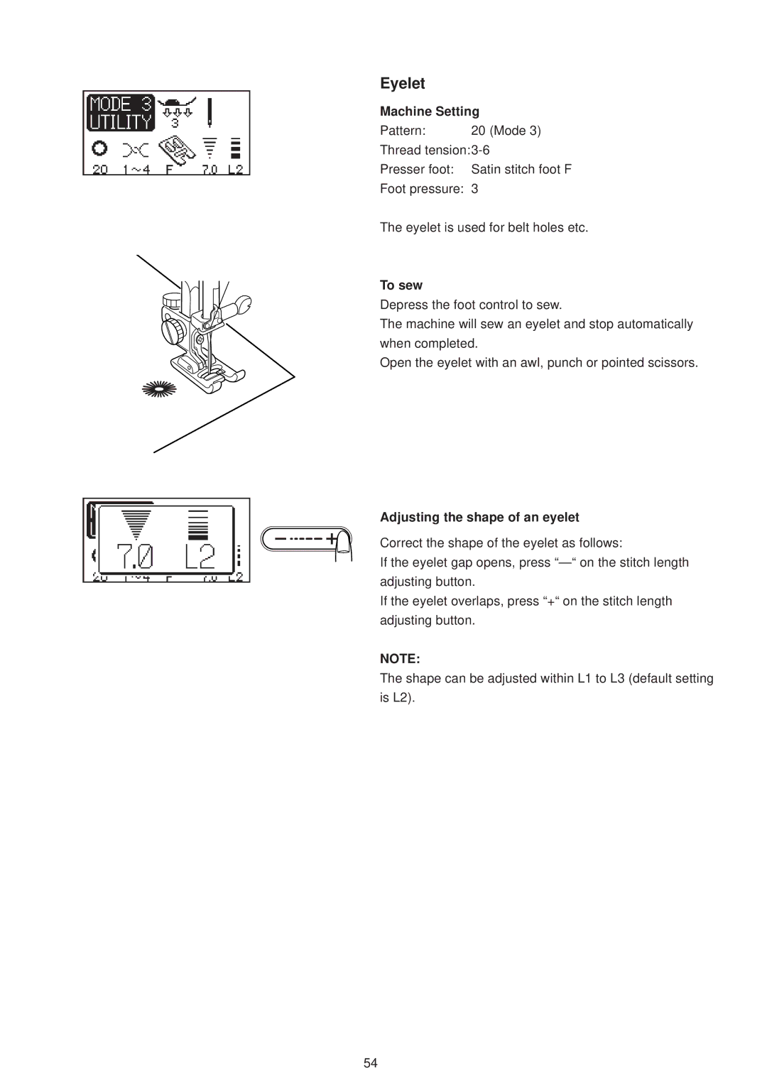 Janome 6500 manual Eyelet, Adjusting the shape of an eyelet 