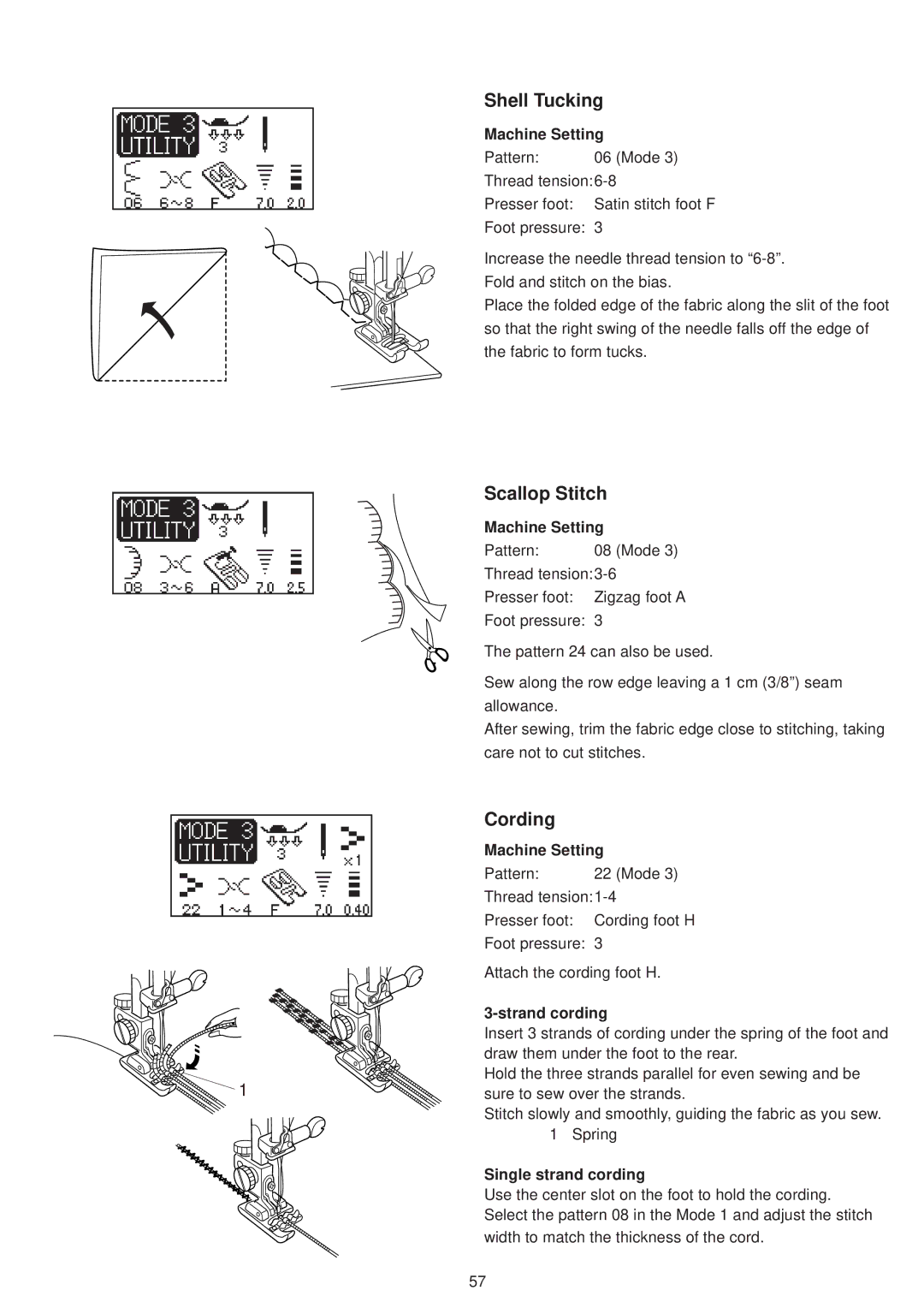 Janome 6500 manual Shell Tucking, Scallop Stitch, Cording, Strand cording, Single strand cording 