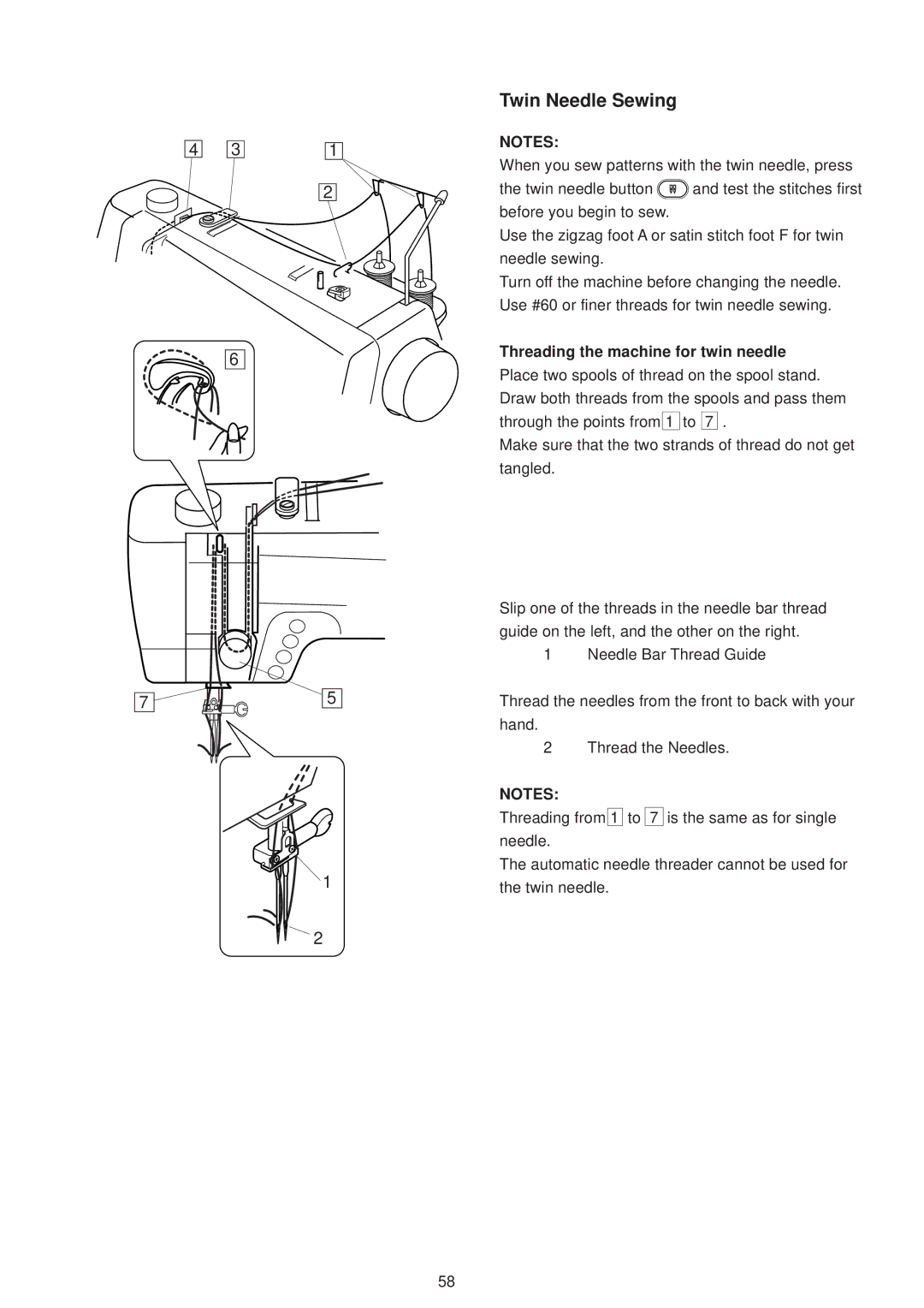 Janome 6500 manual Twin Needle Sewing, Threading the machine for twin needle 