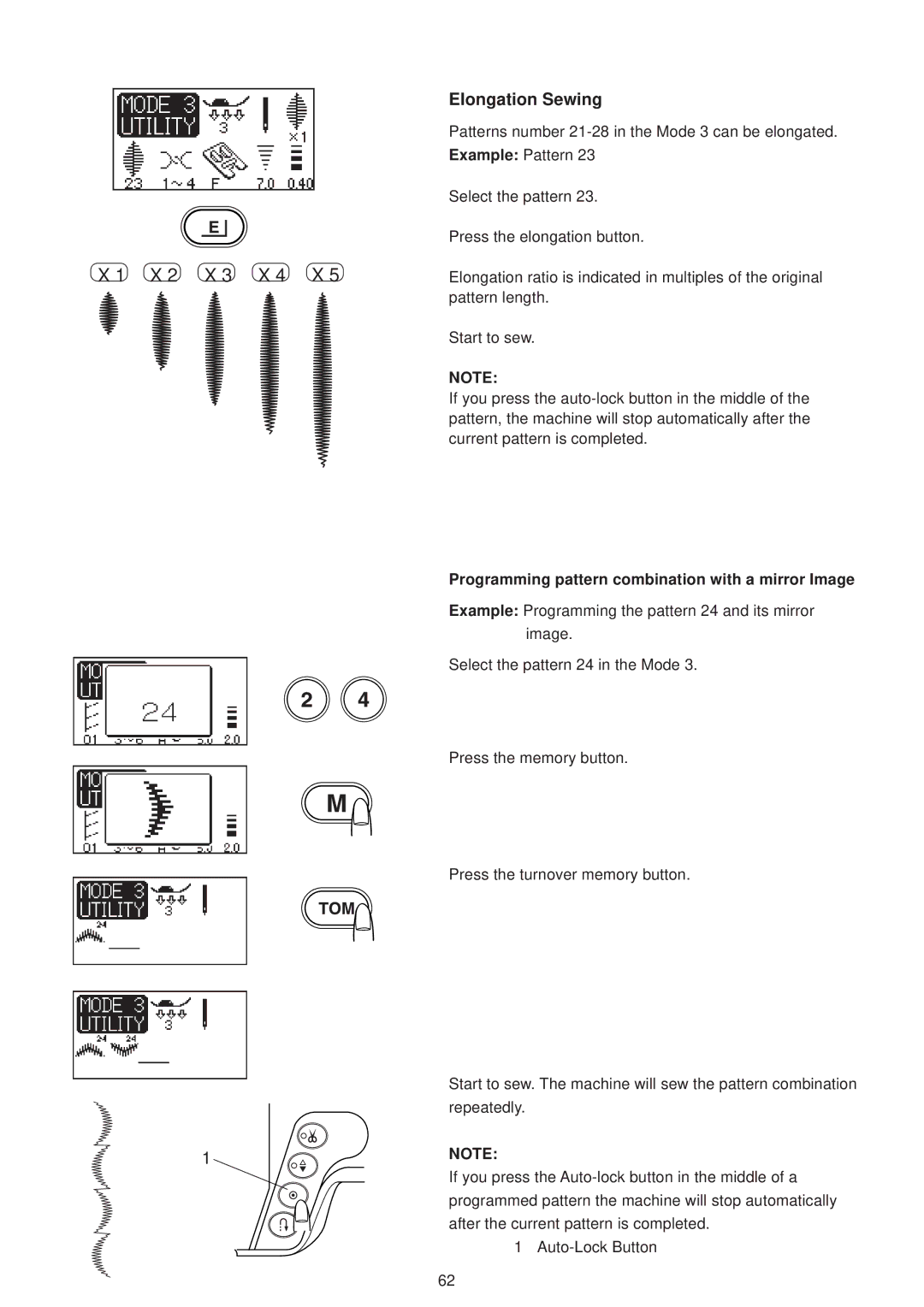 Janome 6500 manual X 2 X 3 X 4 X, Programming pattern combination with a mirror Image 