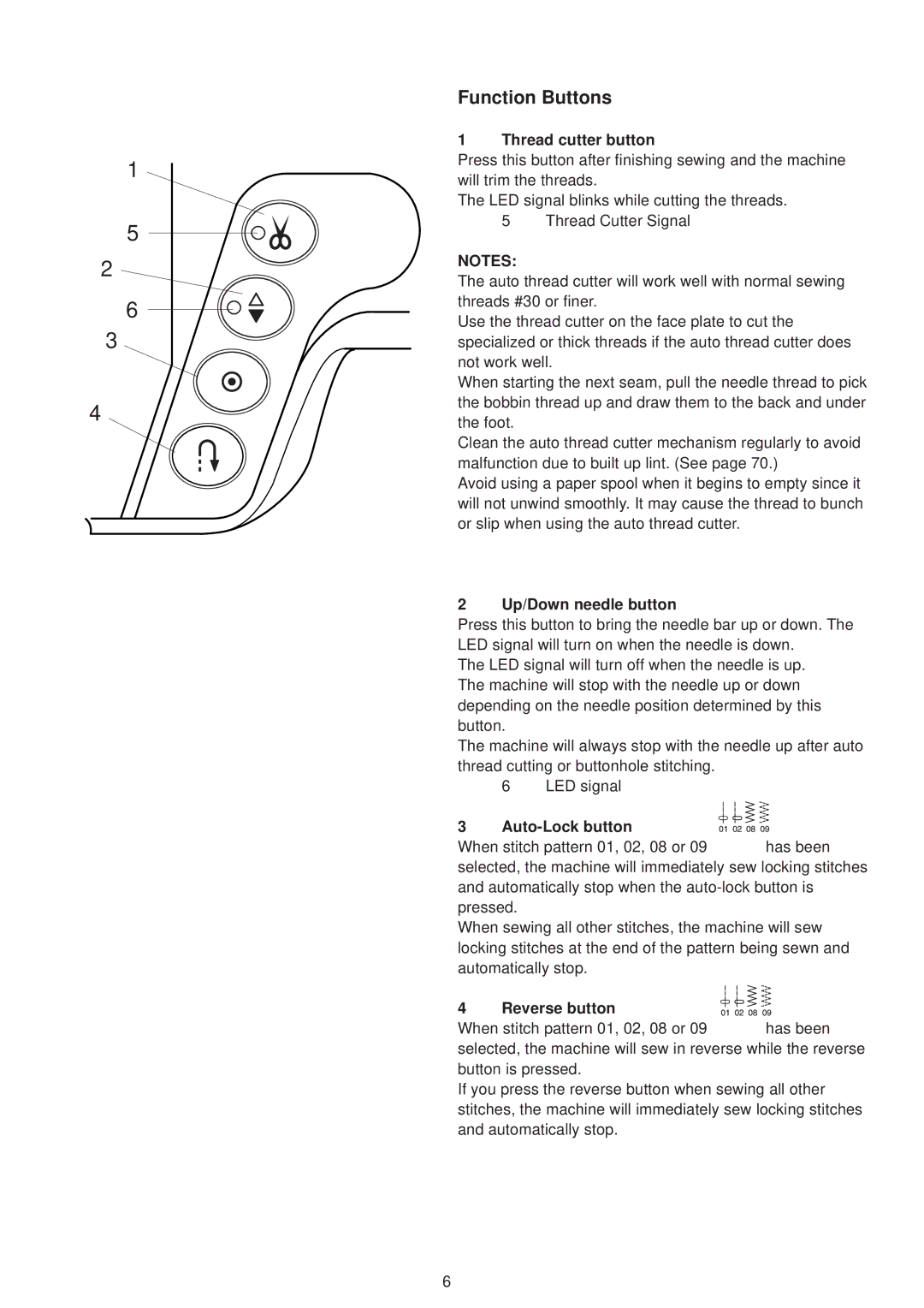 Janome 6500 manual Function Buttons, Thread cutter button, Up/Down needle button 