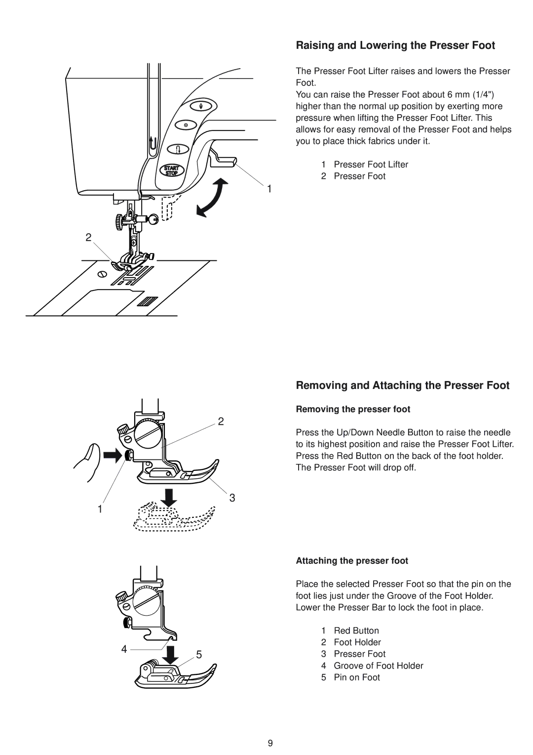 Janome 9500 Raising and Lowering the Presser Foot, Removing and Attaching the Presser Foot, Removing the presser foot 