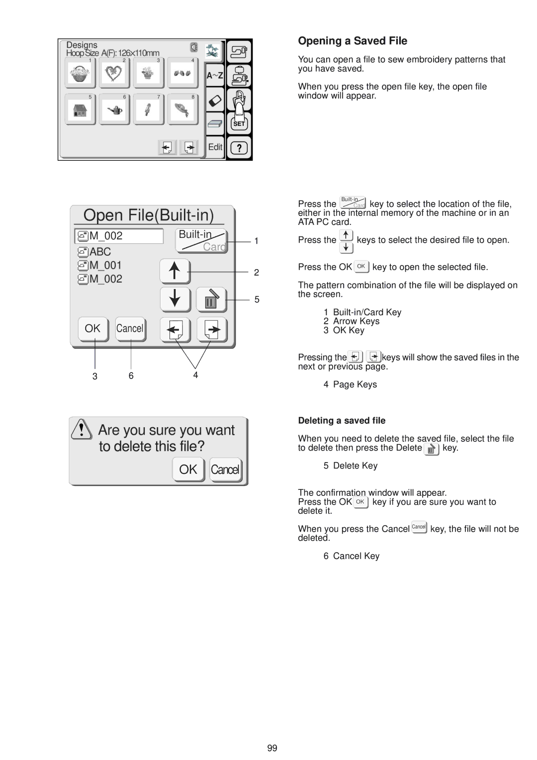 Janome 9500 manual Opening a Saved File, Deleting a saved file 