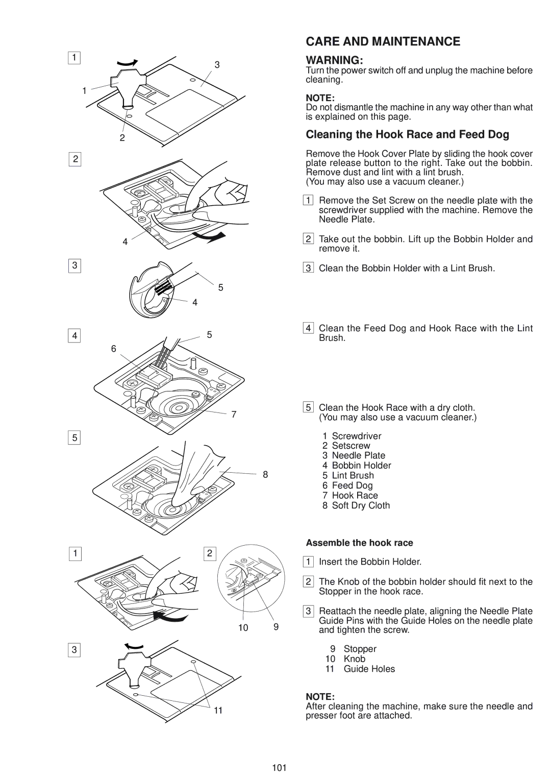 Janome 9500 manual Cleaning the Hook Race and Feed Dog, Assemble the hook race 