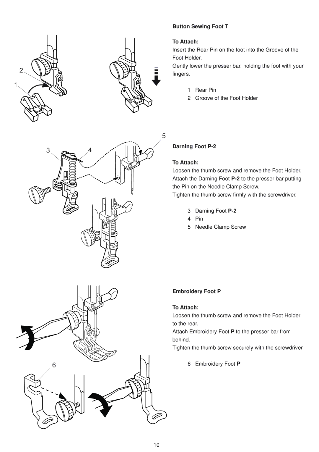 Janome 9500 manual Button Sewing Foot T To Attach, Darning Foot P-2 To Attach, Embroidery Foot P To Attach 