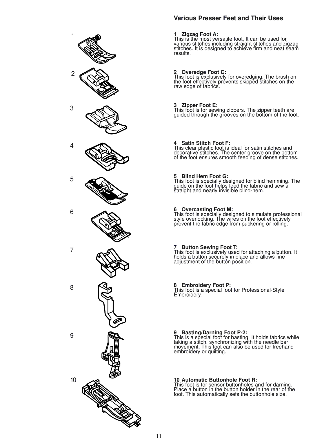 Janome 9500 manual Various Presser Feet and Their Uses 