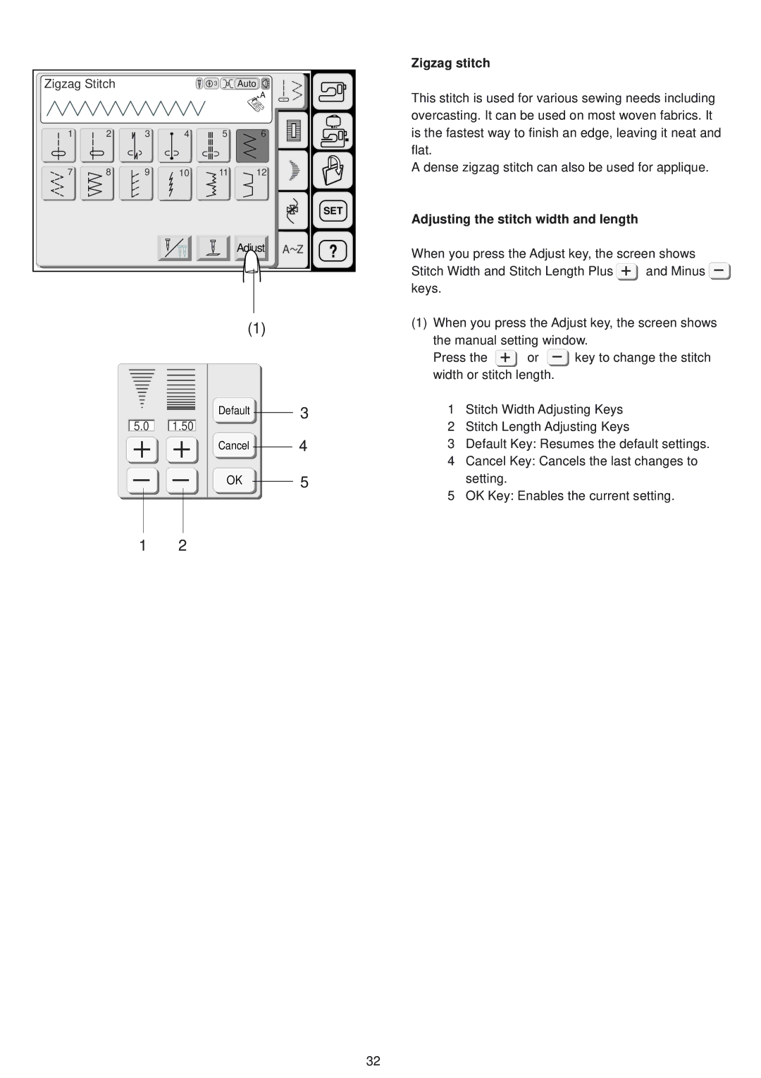 Janome 9500 manual Zigzag stitch, Adjusting the stitch width and length 