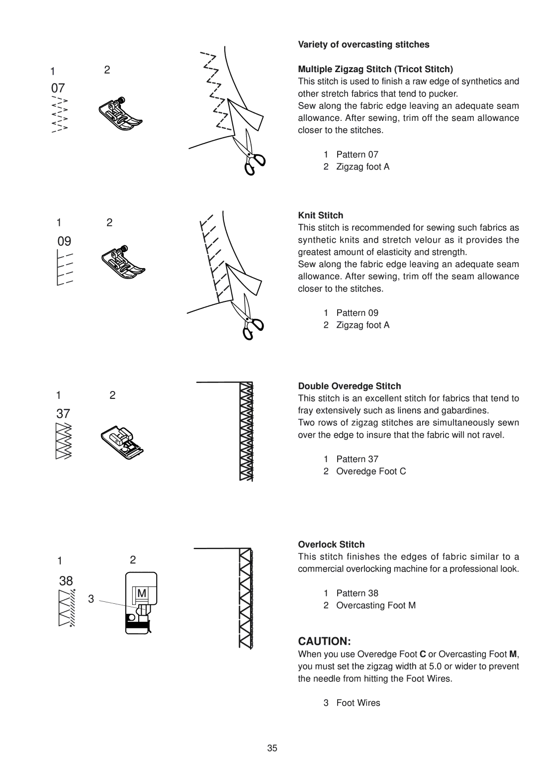 Janome 9500 manual Knit Stitch, Double Overedge Stitch, Overlock Stitch 