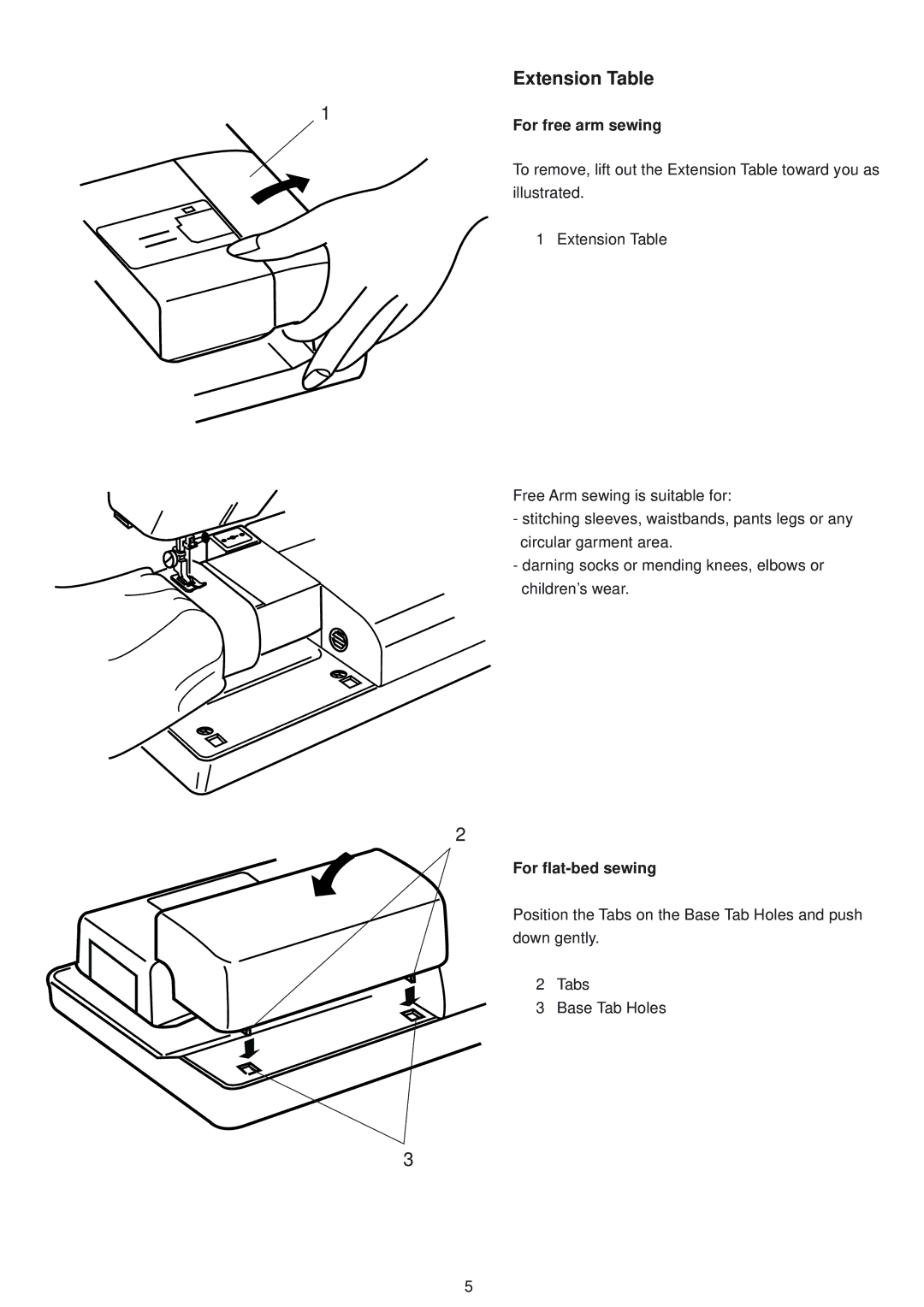 Janome 9500 manual Extension Table, For free arm sewing, For flat-bed sewing 