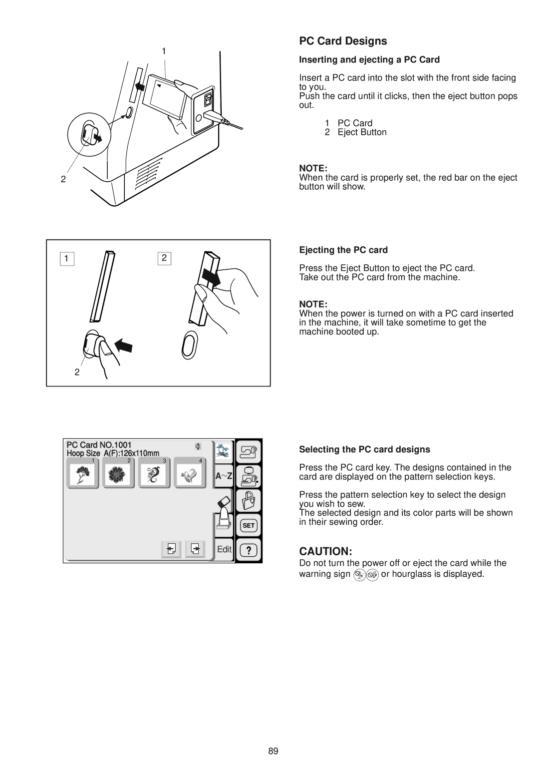 Janome 9500 manual PC Card Designs, Inserting and ejecting a PC Card, Ejecting the PC card, Selecting the PC card designs 