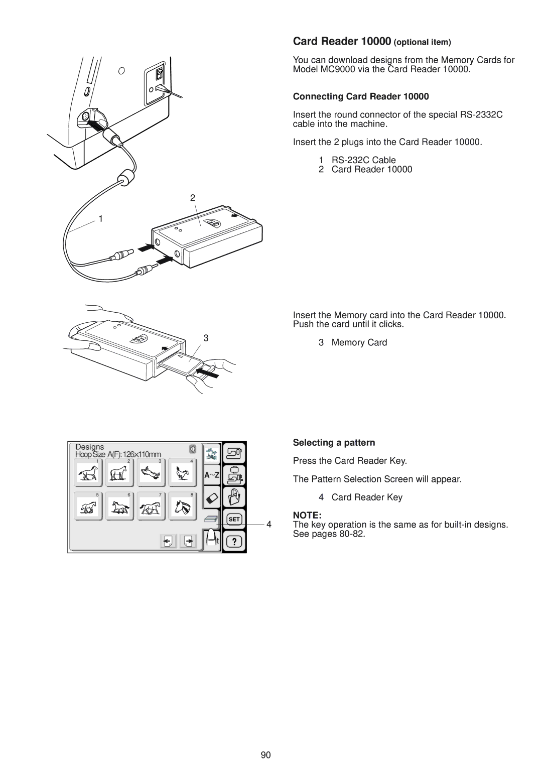 Janome 9500 manual Card Reader 10000 optional item, Connecting Card Reader, Selecting a pattern 