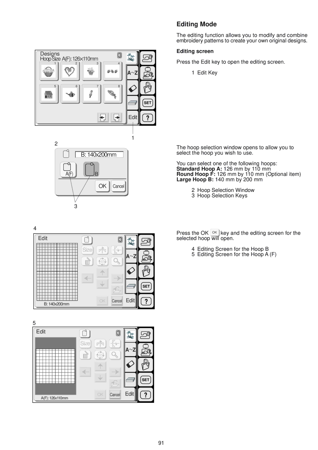 Janome 9500 manual Editing Mode, Editing screen 