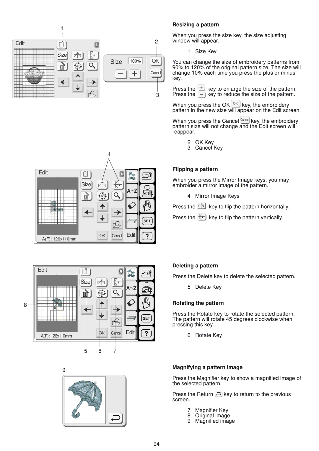 Janome 9500 Resizing a pattern, Flipping a pattern, Deleting a pattern, Rotating the pattern, Magnifying a pattern image 