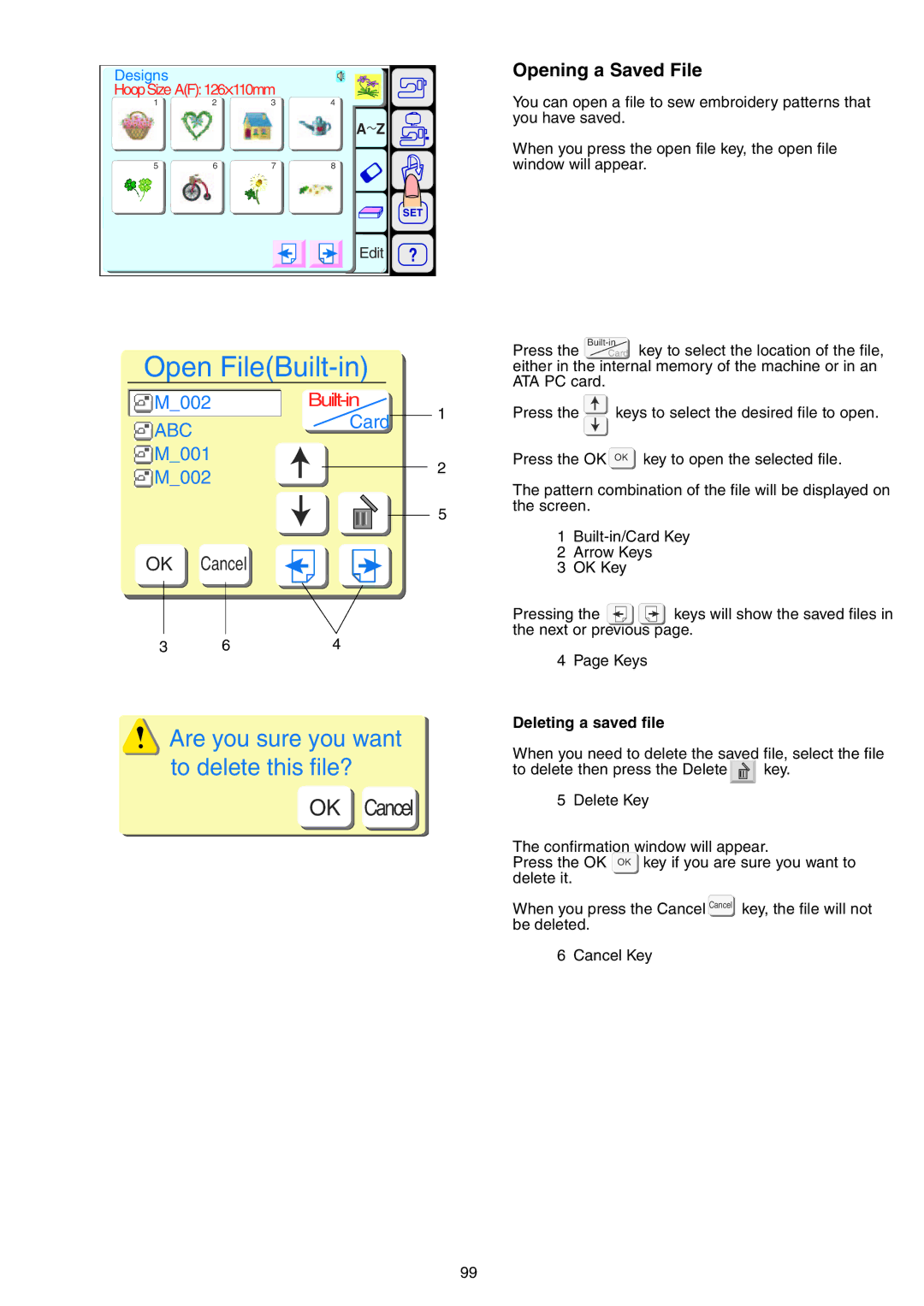 Janome 9700 manual Opening a Saved File, Deleting a saved file 