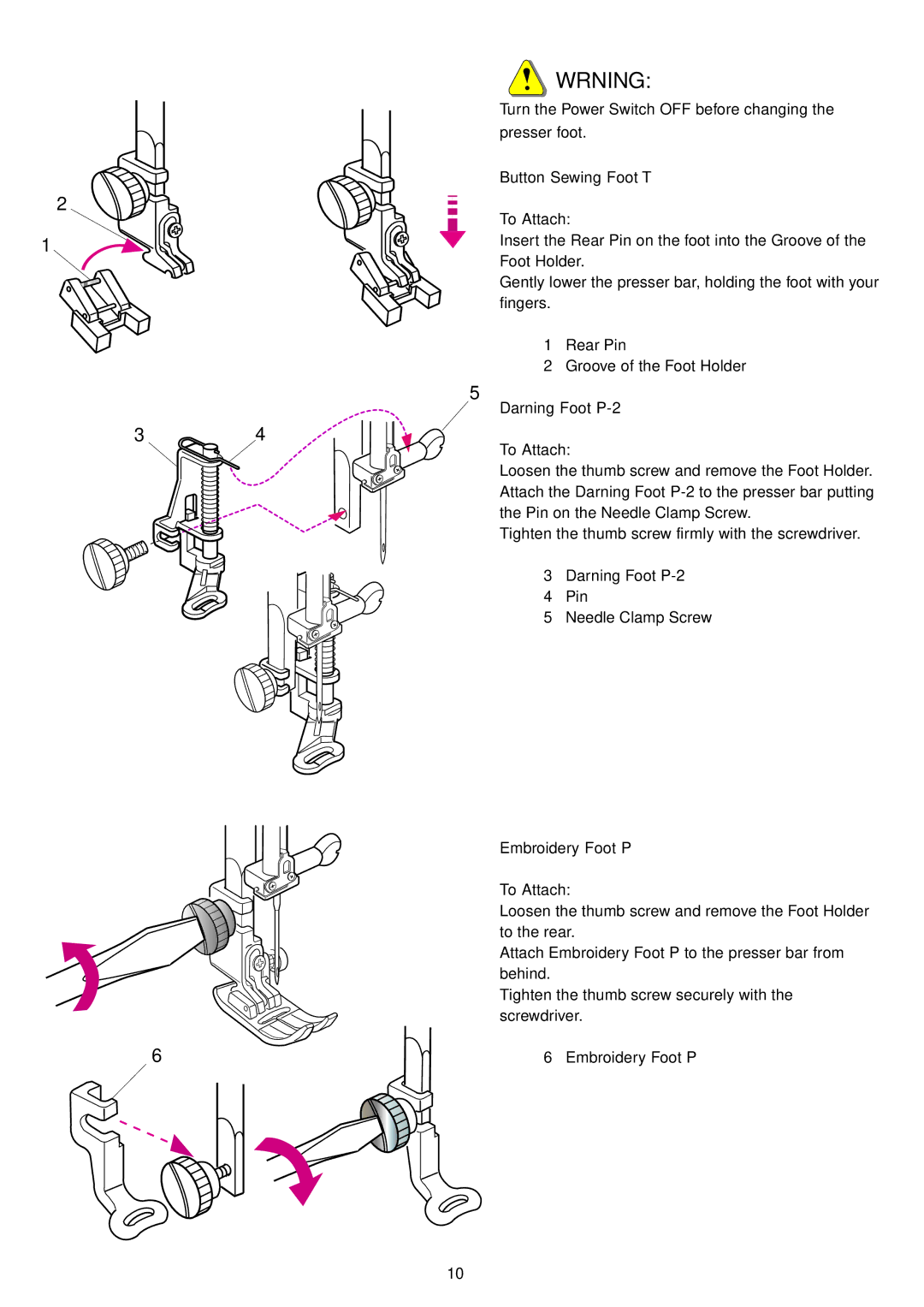 Janome 9700 manual Button Sewing Foot T To Attach, Darning Foot P-2 To Attach, Embroidery Foot P To Attach 