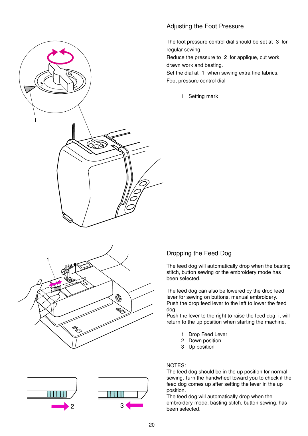 Janome 9700 manual Adjusting the Foot Pressure, Dropping the Feed Dog 