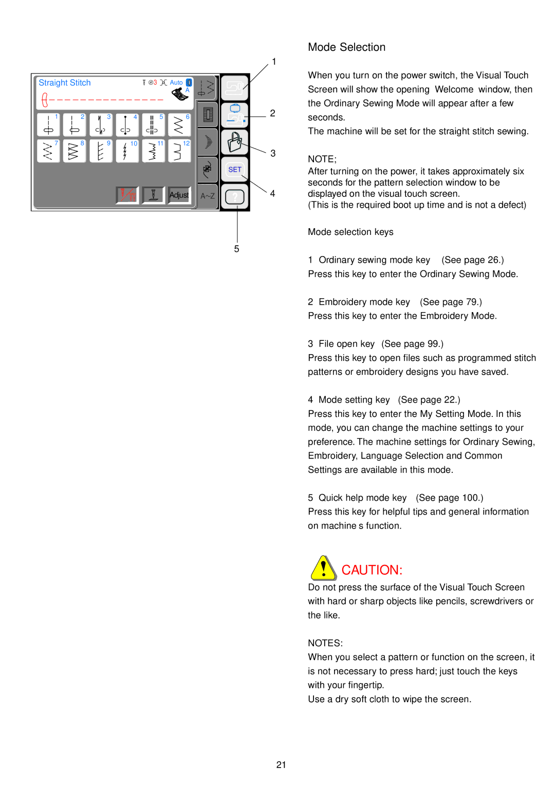 Janome 9700 manual Mode Selection, File open key See, Mode setting key See, Quick help mode key See 