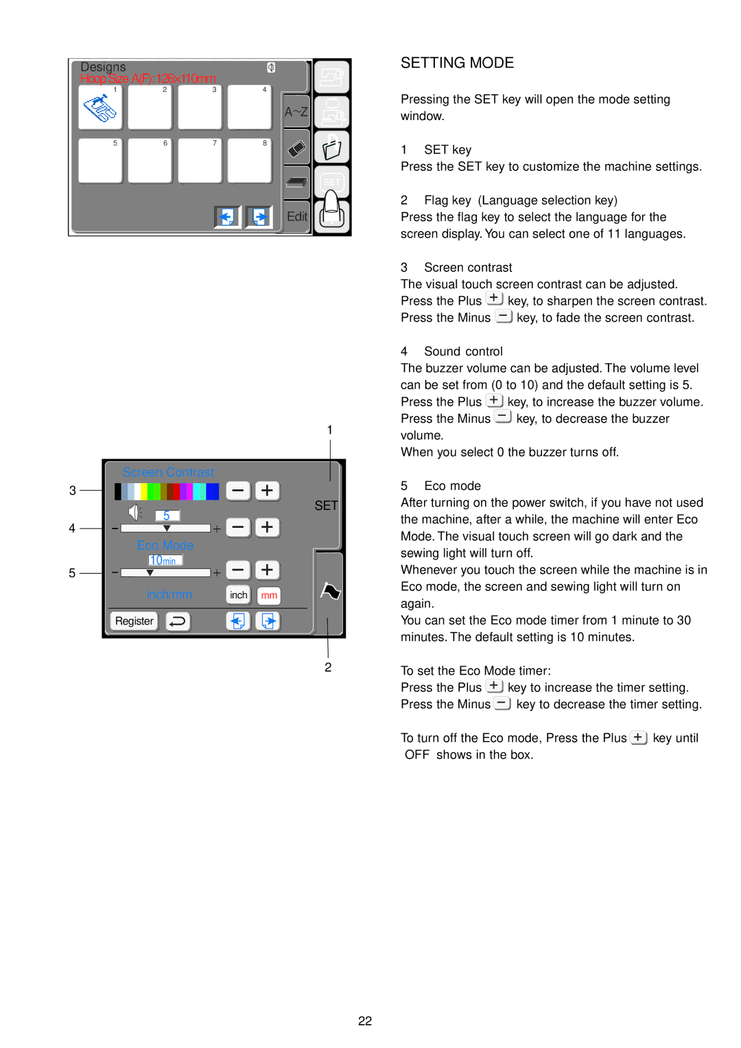 Janome 9700 manual SET key, Screen contrast, Sound control, Eco mode 