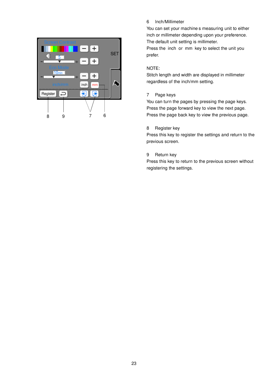 Janome 9700 manual Inch/Millimeter, Keys, Register key, Return key 