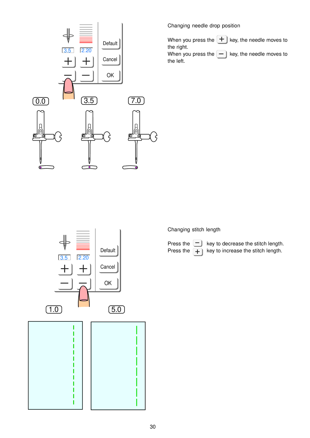 Janome 9700 manual Changing needle drop position, Changing stitch length 