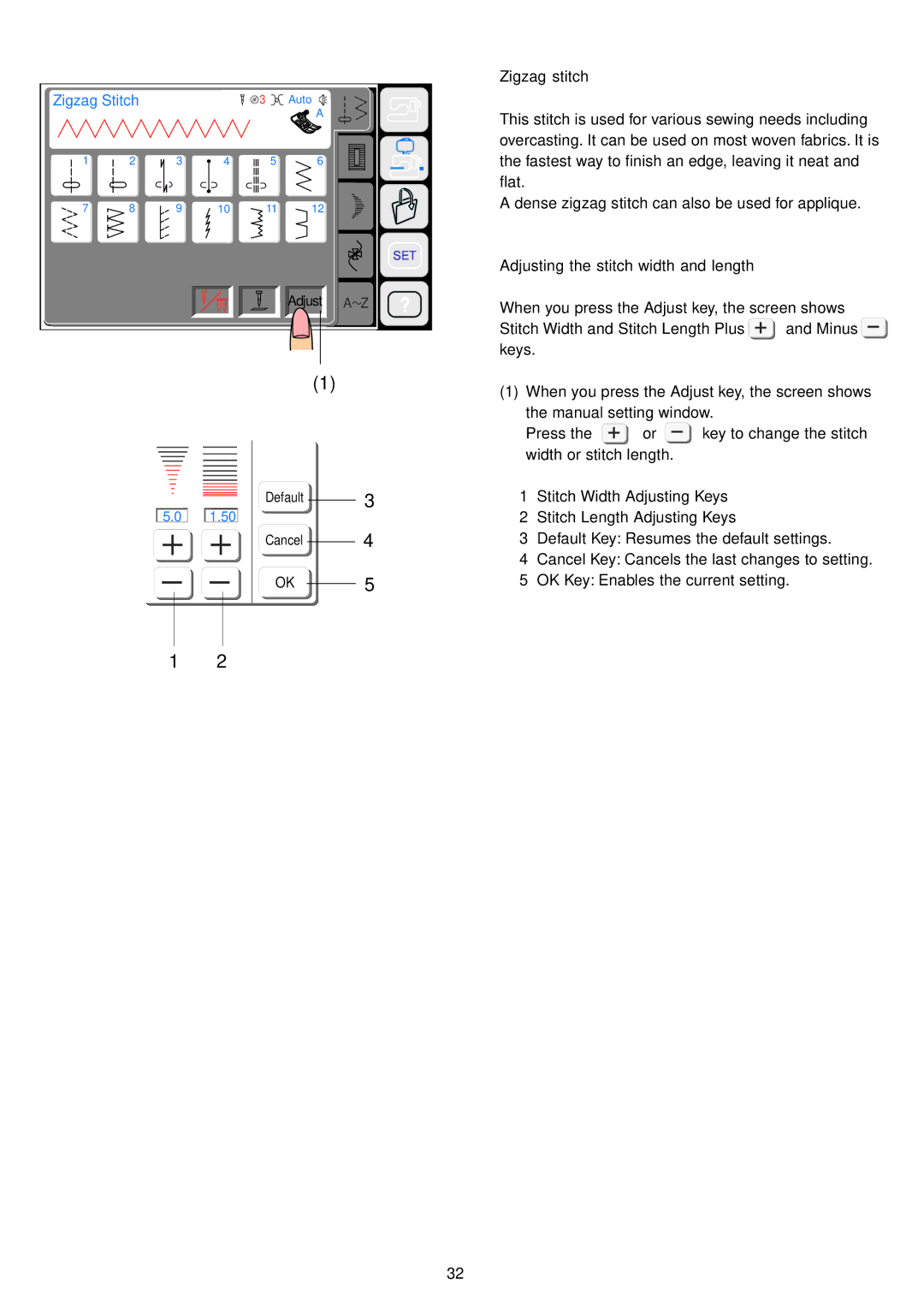 Janome 9700 manual Zigzag stitch, Adjusting the stitch width and length 