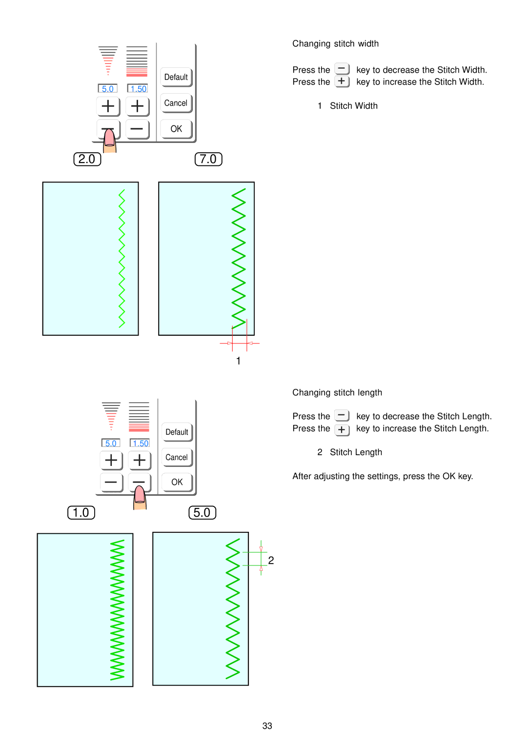 Janome 9700 manual 07.0, Default Cancel Changing stitch width 