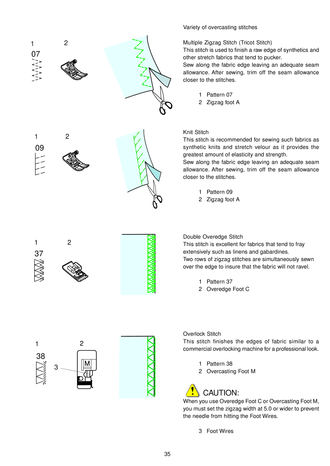 Janome 9700 manual Knit Stitch, Double Overedge Stitch, Overlock Stitch 