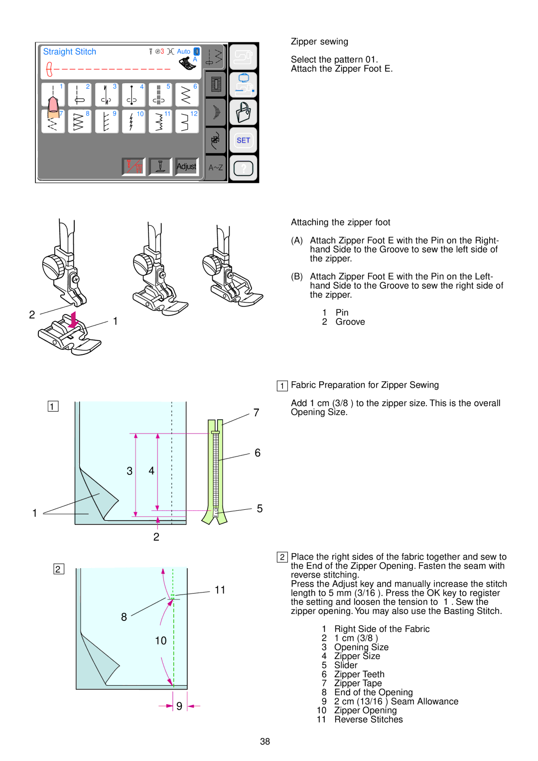 Janome 9700 manual Zipper sewing, Attaching the zipper foot 