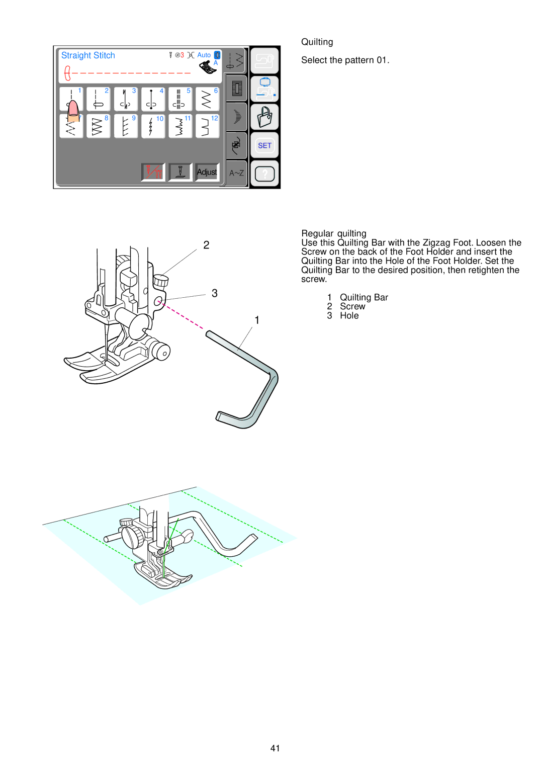 Janome 9700 manual Quilting, Regular quilting 