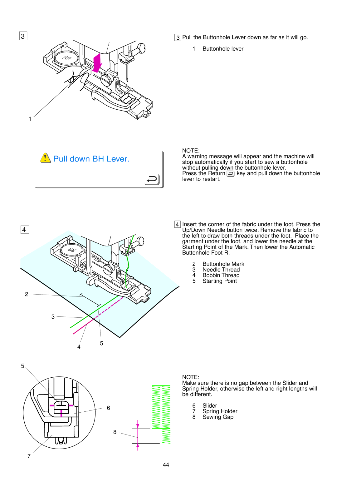 Janome 9700 manual Pull down BH Lever 