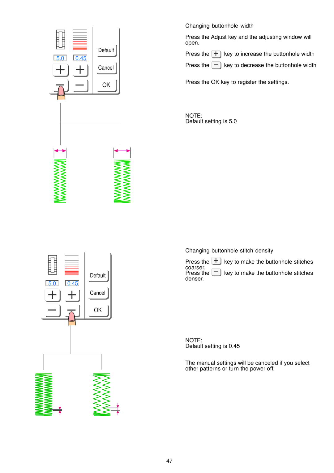 Janome 9700 manual Changing buttonhole width, Changing buttonhole stitch density 