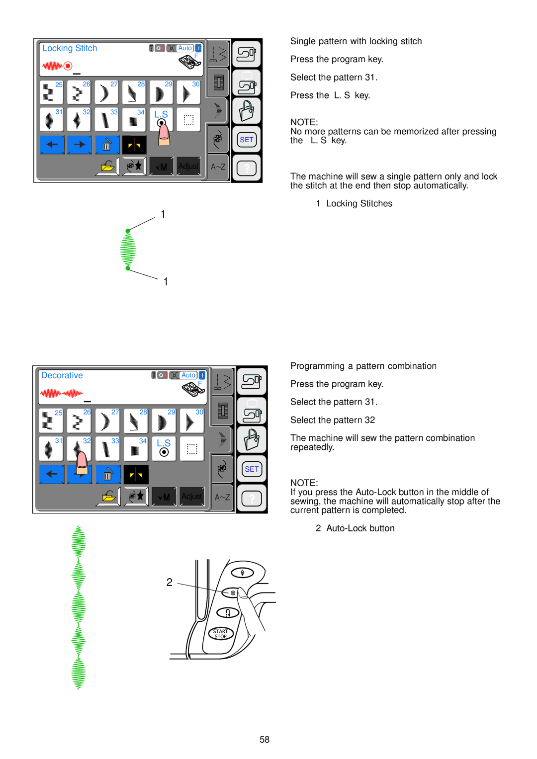 Janome 9700 manual Single pattern with locking stitch, Programming a pattern combination 