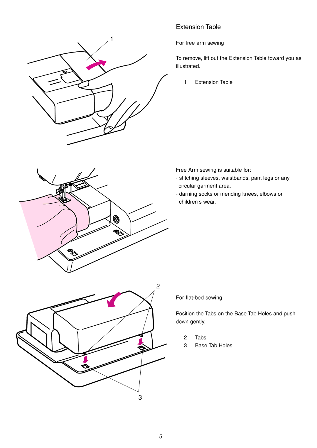 Janome 9700 manual Extension Table, For free arm sewing, For flat-bed sewing 