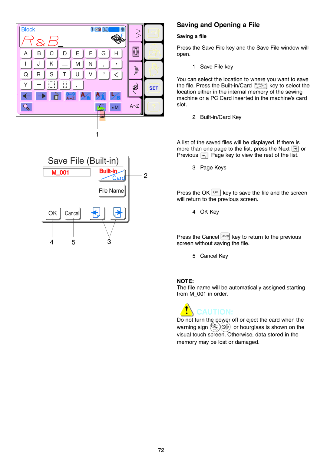 Janome 9700 manual Save File Built-in, Saving and Opening a File 