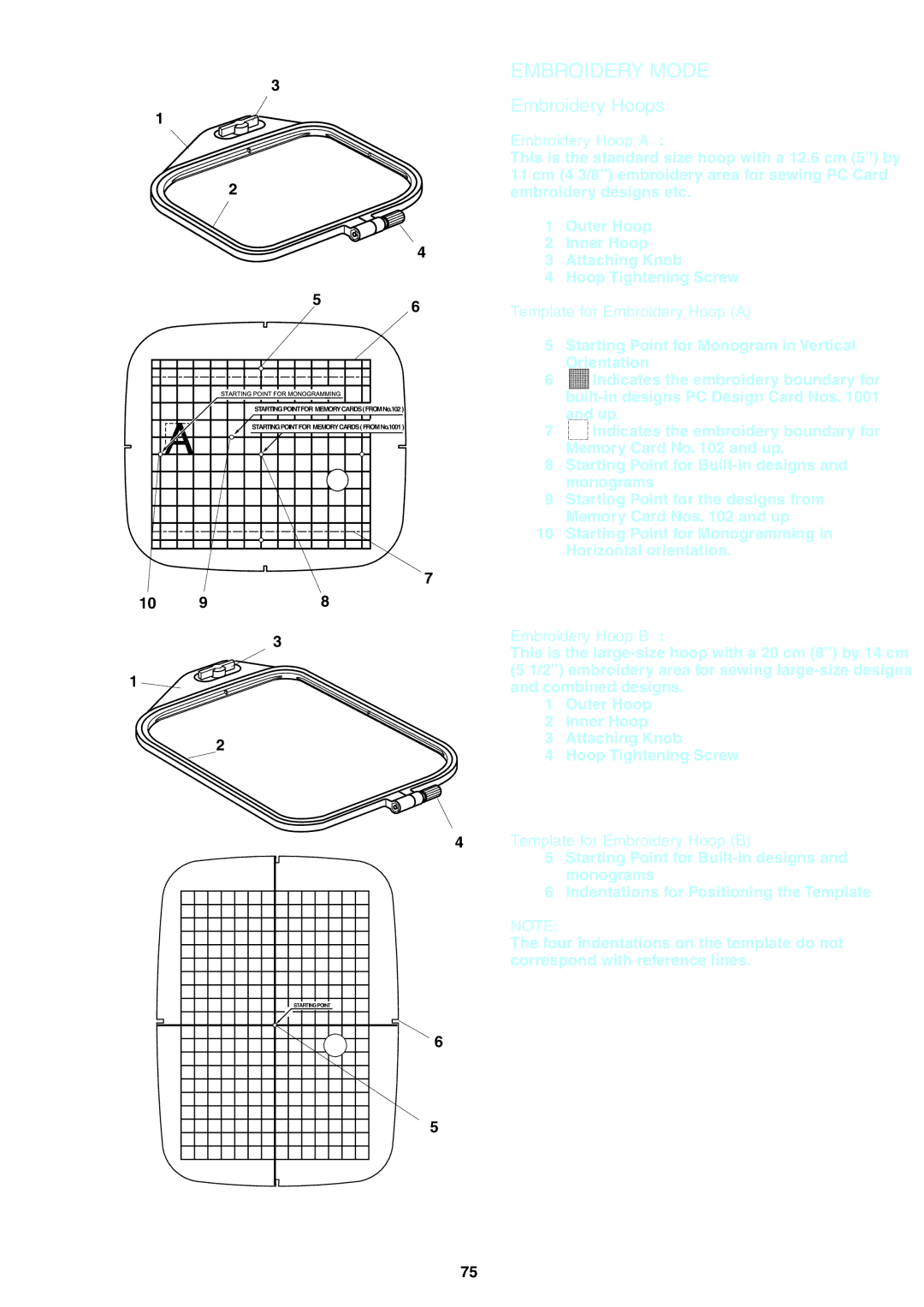 Janome 9700 manual Embroidery Hoops, Template for Embroidery Hoop a, Template for Embroidery Hoop B 