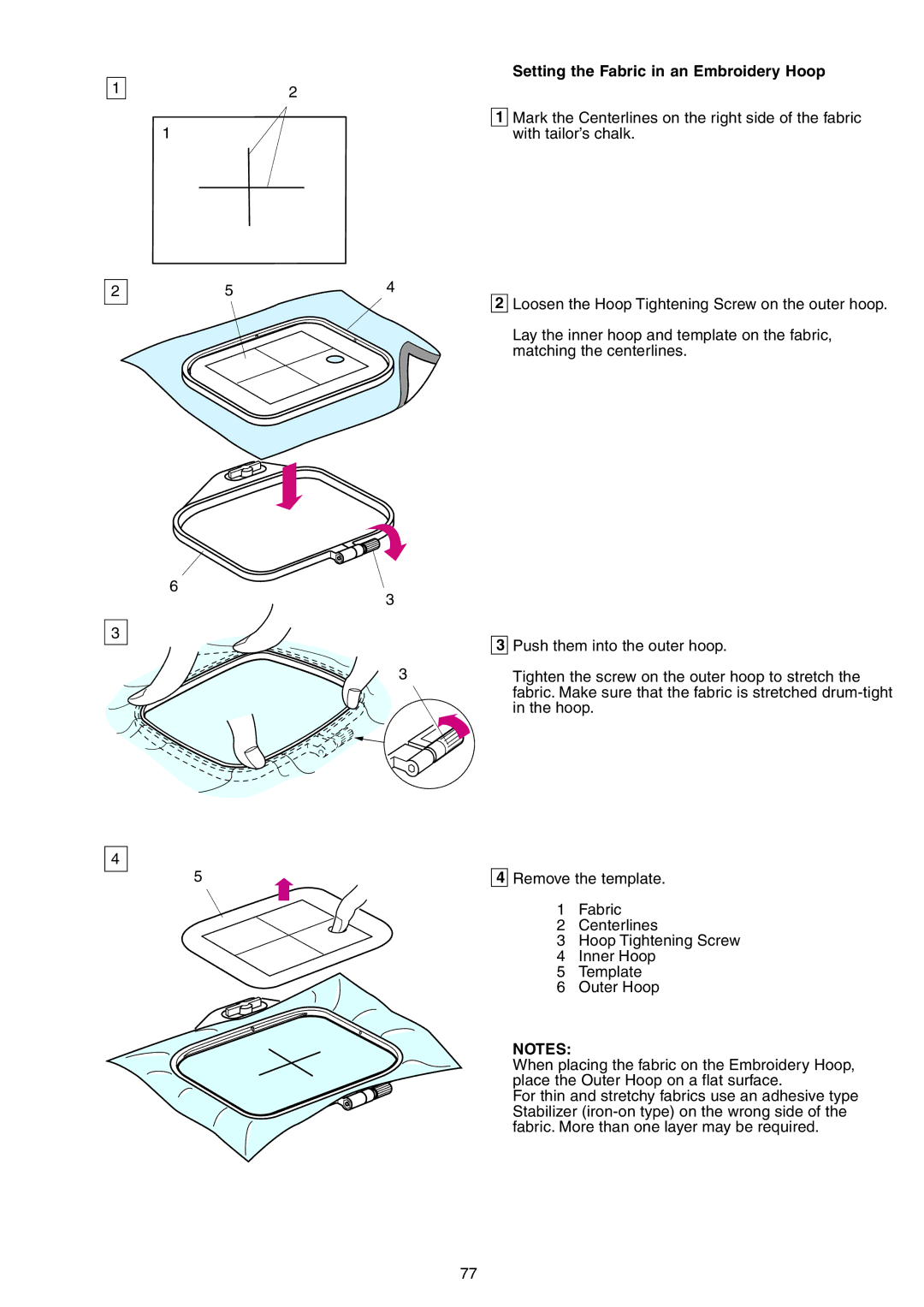 Janome 9700 manual Setting the Fabric in an Embroidery Hoop 