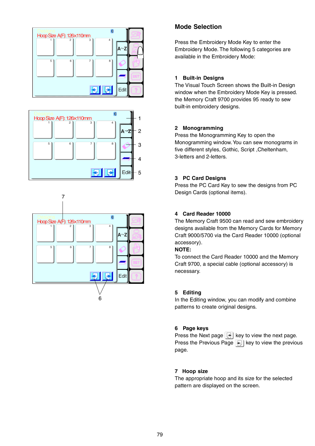 Janome 9700 manual Built-in Designs, Monogramming, PC Card Designs, Card Reader, Editing, Hoop size 