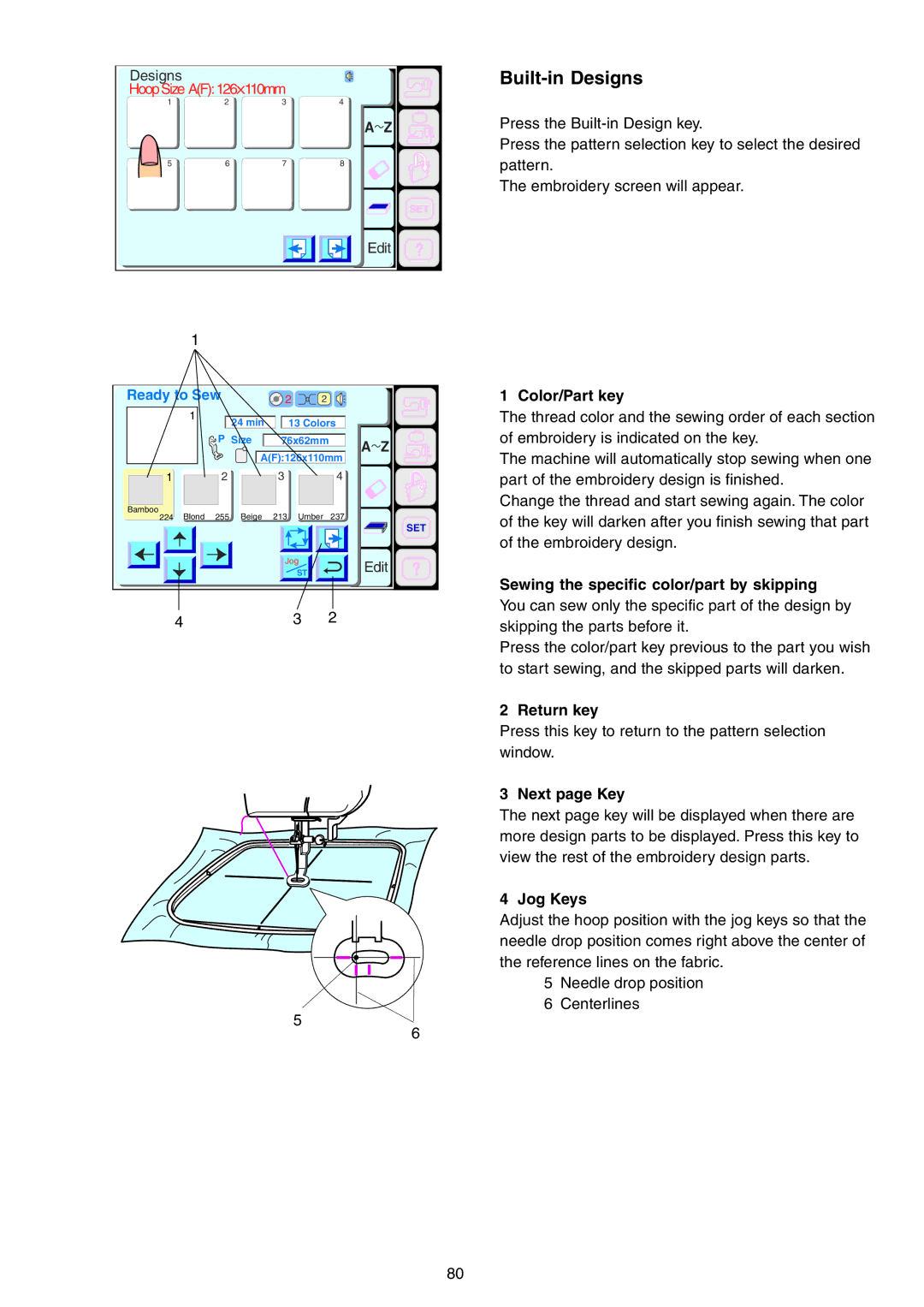 Janome 9700 manual Built-in Designs, Color/Part key, Sewing the specific color/part by skipping, Next page Key, Jog Keys 