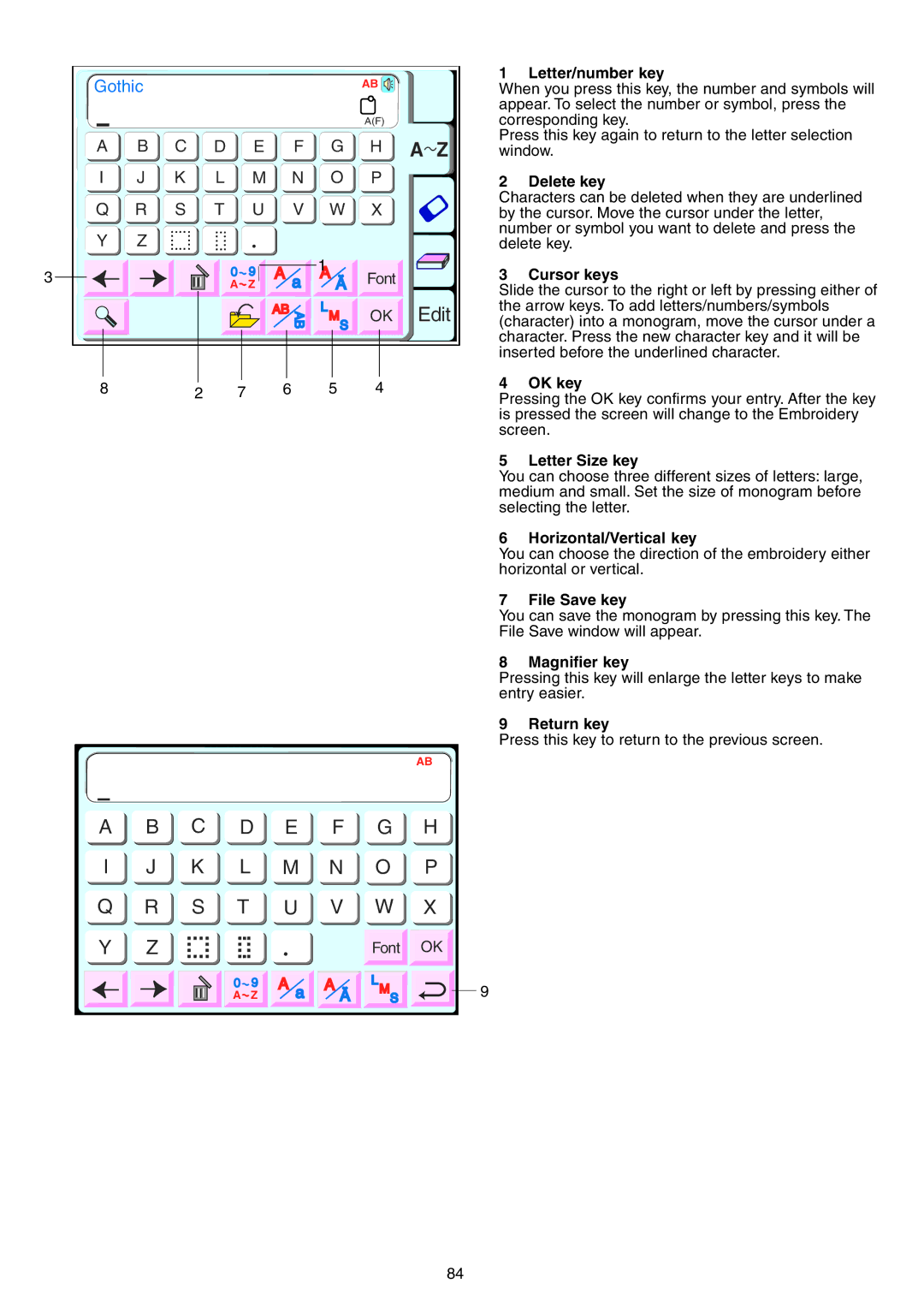 Janome 9700 manual OK key, Horizontal/Vertical key 